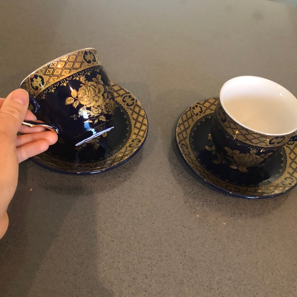 24K Gold and Cobalt Czech Porcelian Cups with Plates